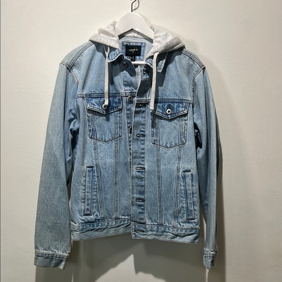 Forever 21 Other - FOREVER 21 Men's Light Blue Oversized Denim Jacket with Gray Hood Size Small
